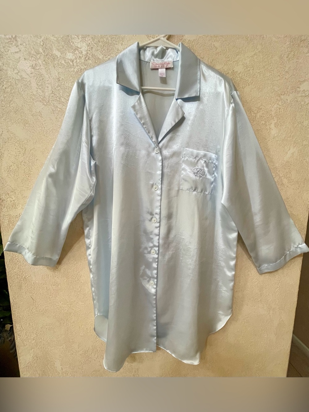VTG Oscar de la Renta Pink Label Light Blue Satin Sleep Shirt Nightgown, Size M